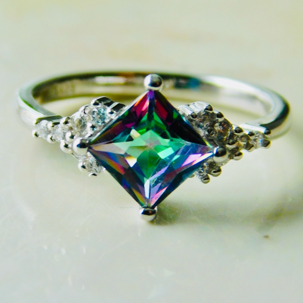 Mystic Topaz Square-Cut Halo Ring - Multi-Color Center Stone